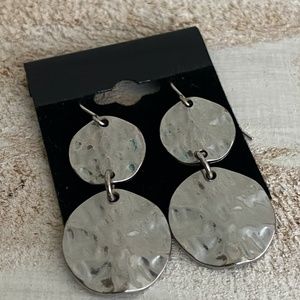 Silver Tone Hammered Design Dangle Double Disk Pierced Earrings.